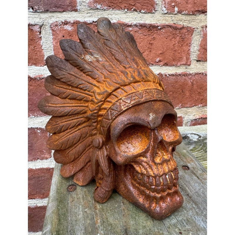 Rusty Cast Iron Skull With Indian Headdress